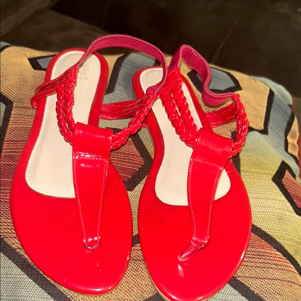 Vibrant Red T-Strap Sandals with Glossy Finish